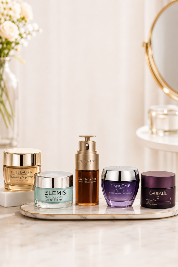 Minimalist Pinterest pin featuring Estée Lauder Revitalizing Supreme+ Youth Power Creme on a soft cream background with the elegant headline "PLUMPS. FIRMS. HYDRATES." Editorial beauty styling designed for women over 50.