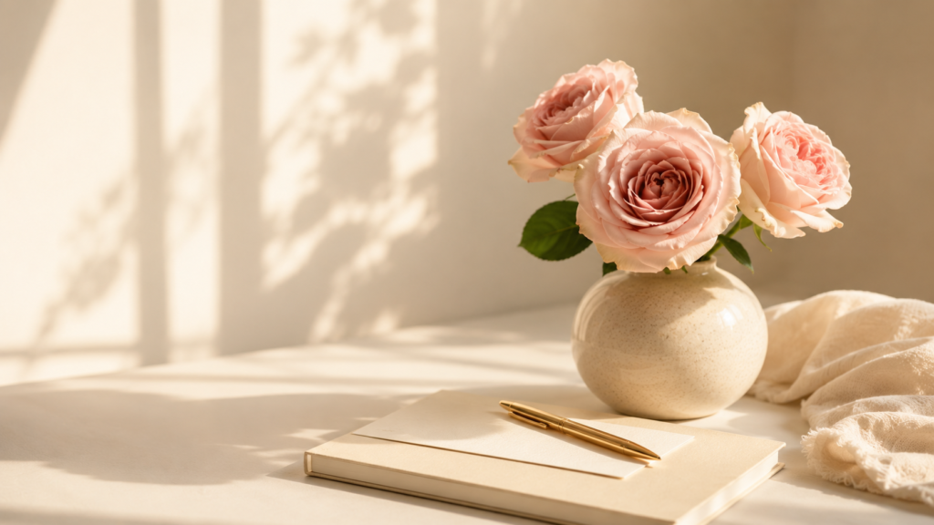 Blush roses in a cream vase beside gold pen and ivory stationery