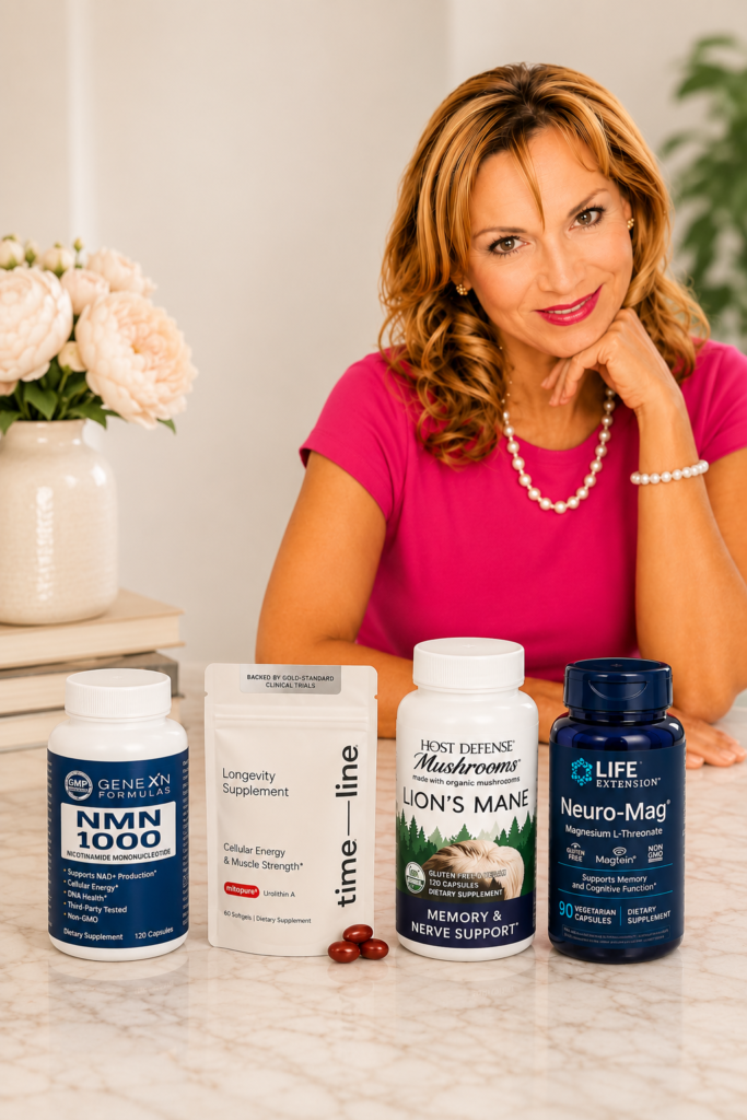 Supplements for women over 50 including NMN, Urolithin A, Lion’s Mane, and Magnesium L-Threonate for healthy aging, energy, focus, and wellness support.