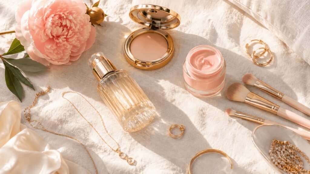 Luxury beauty products flat lay with gold compact, blush cream jar, and makeup brushes on cream linen