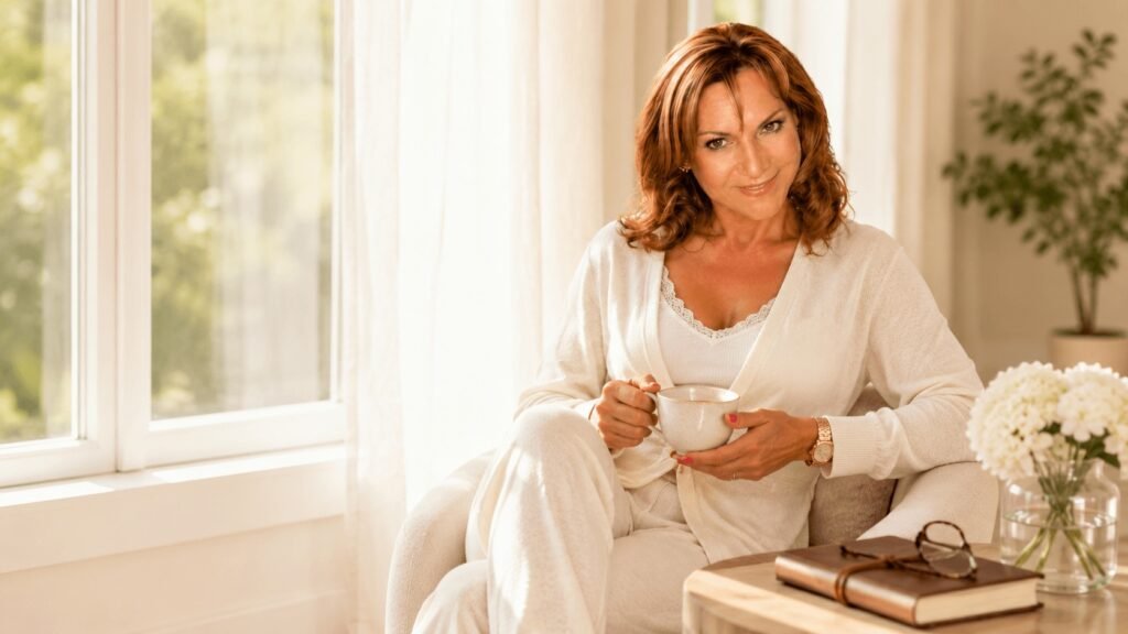 Woman over 50 in ivory loungewear enjoying tea by a sunlit window